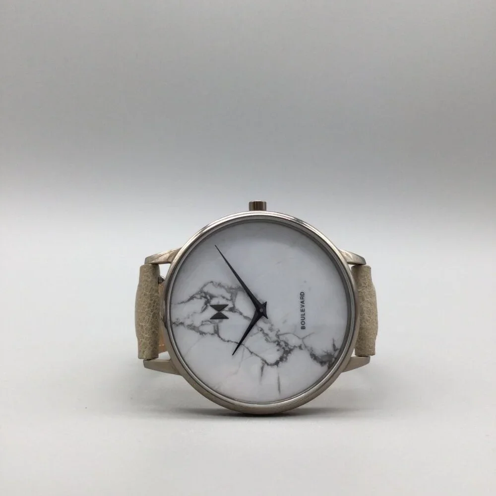 MVMT Crescent Marble Watch Men 38mm Silver Tone Tan Leather Band New Battery